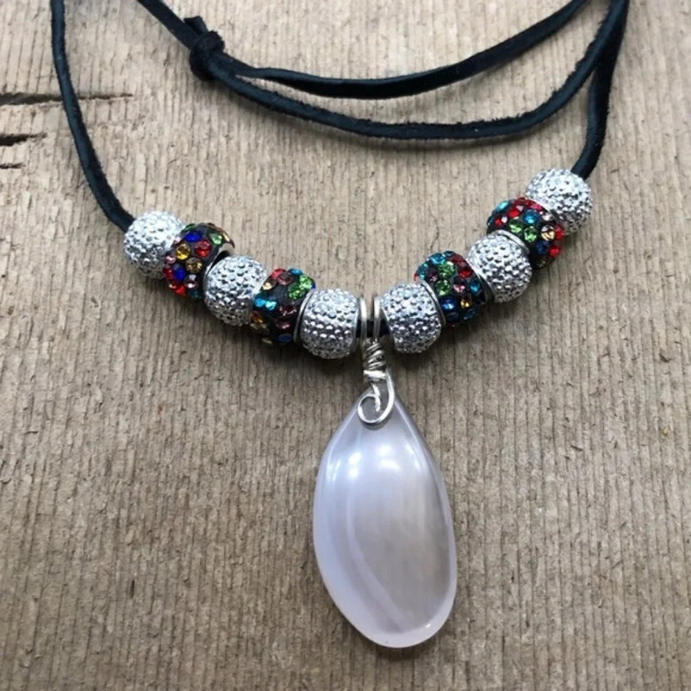 Chalcedony stone wire wrapped with .925 Silver and beaded Leather Necklace.